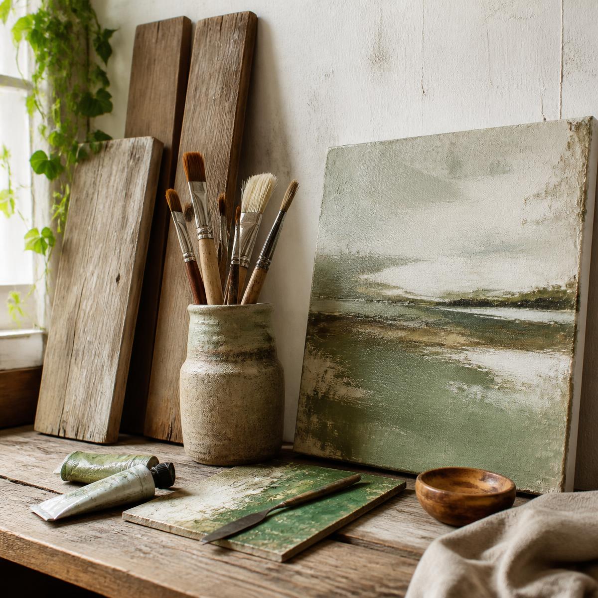 Rustic studio table with brushes, paint and reclaimed wood panels